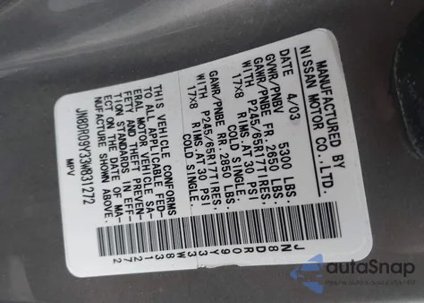 2003 Nissan Pathfinder Le из США, поврежденный, VIN JN8DR09Y33W831272